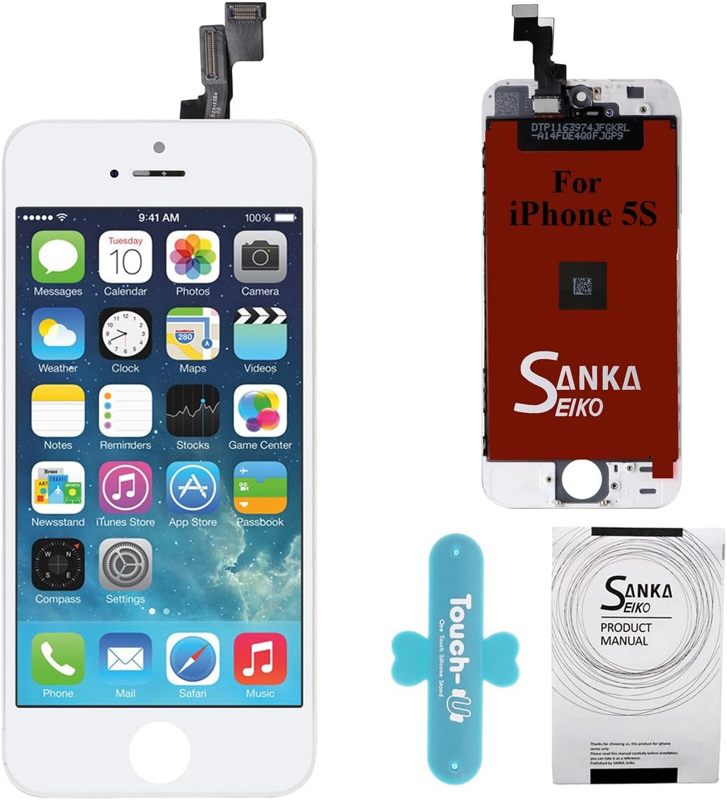 SANKA iPhone 5S LCD Screen Replacement White, Digitizer Display Retina Touch Screen Glass Frame Assembly for iPhone 5S - White (Free Tools Included)