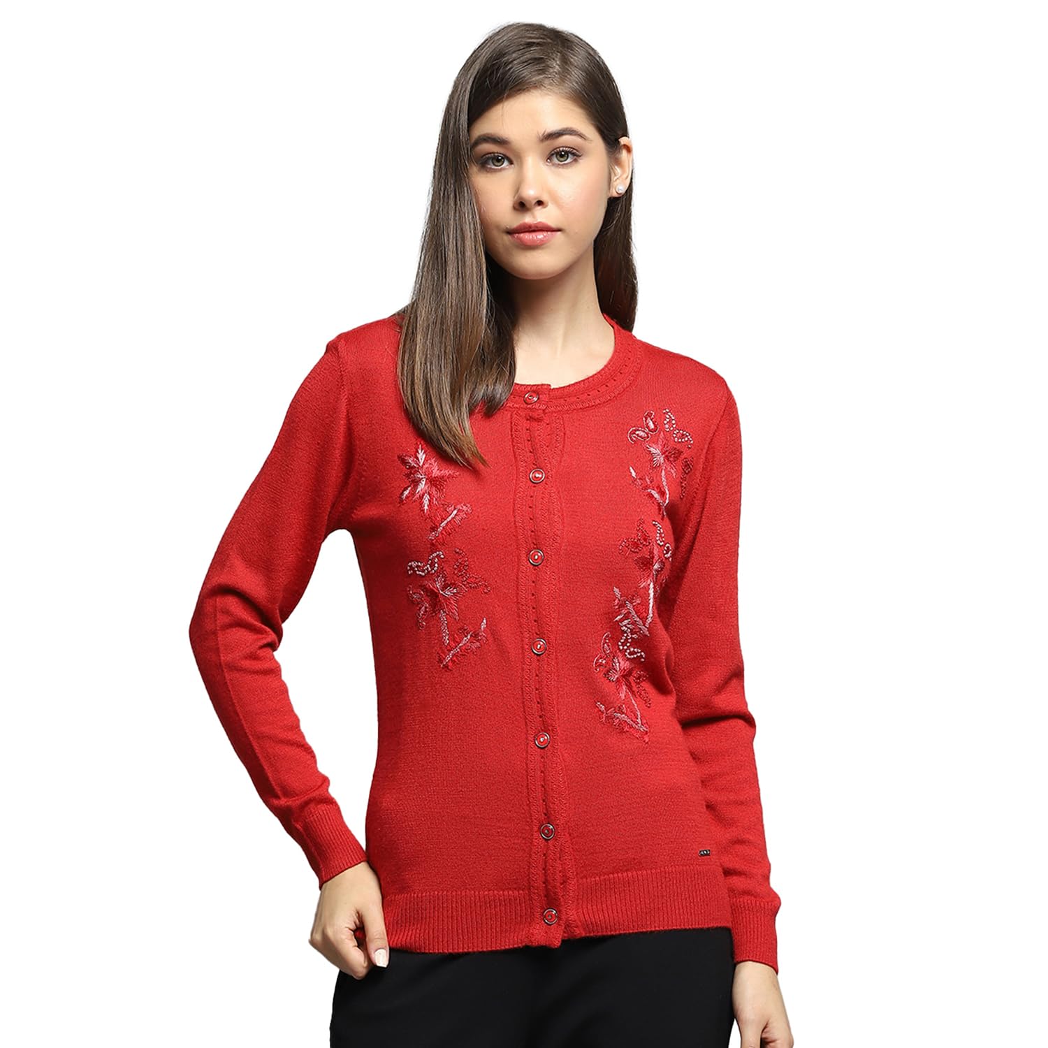 monte carlo Womens Self Design Red Round Neck Full Sleeve Cardigan_1243582RN-2-picture-46