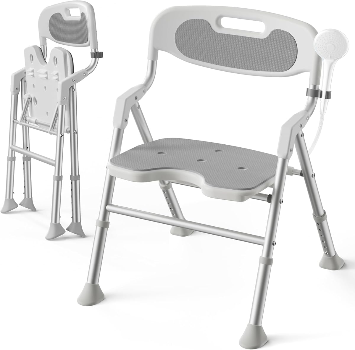 Folding Shower Chair for Inside Shower, Arms and Back, Wide Seat, 400 lb | Foldable Shower Chair for Elderly and Disabled, Heavy Duty Adjustable Shower Seat, Portable Bath Chair, Padded U-Shape Seat