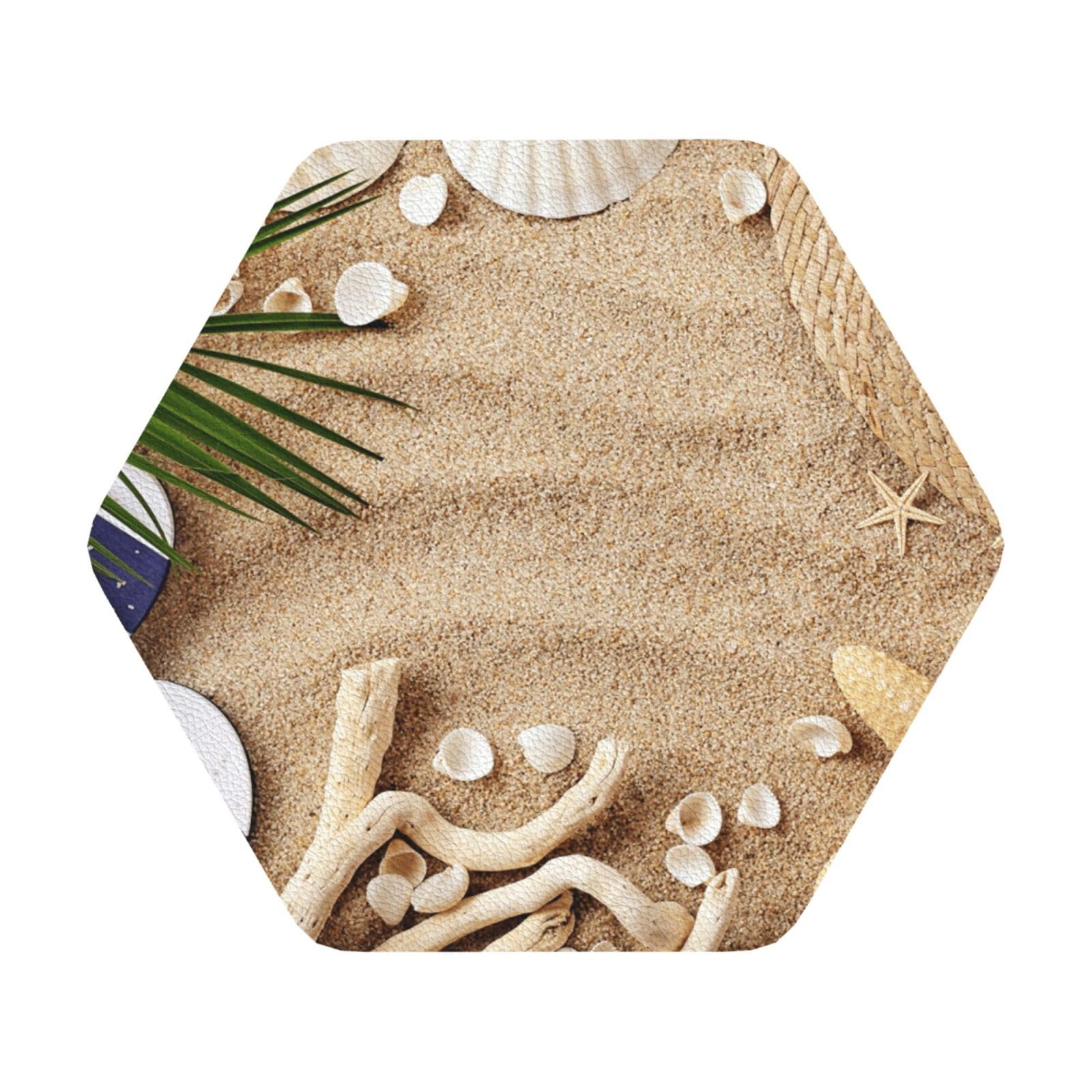 Sand Beach Palm Tree PU Leather Coasters Set of 6 Hexagon Drink Coasters