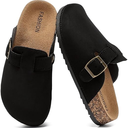 XTJSCBDSH Kids Suede Clogs with Cork Footbed, Toddler Boys Girls Sandals, Adjustable Buckle Slip-On Slippers, Arch Support Mules for Indoor Outdoor