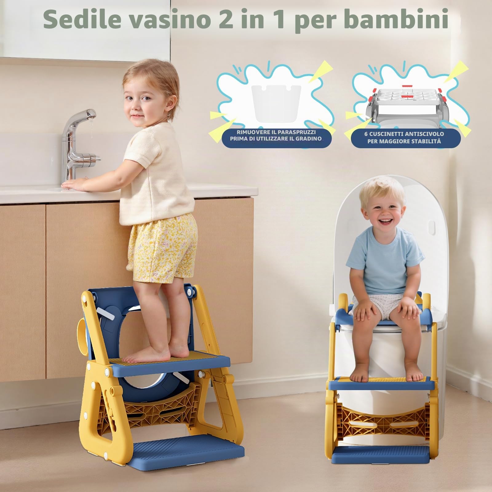 Riduttore Wc Bambini con Scaletta, 2 In 1 Scaletta Wc Per Water Bambini con Struttura a Triangolo, Paraspruzzi Estesi Regolabile e Pieghevole Sgabello Antiscivolo, Adattatore per Bambino e Cuscino