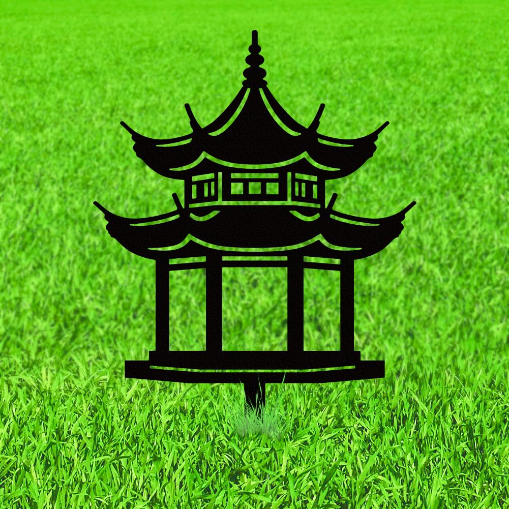WADORN Chinese Pavilion Metal Decorative Garden Stakes, Ancient Pavilion Silhouette Outdoor Statues Funny Weatherproof Garden Ornament Gifts Black Yard Art Decor for Outdoor Patio Lawn