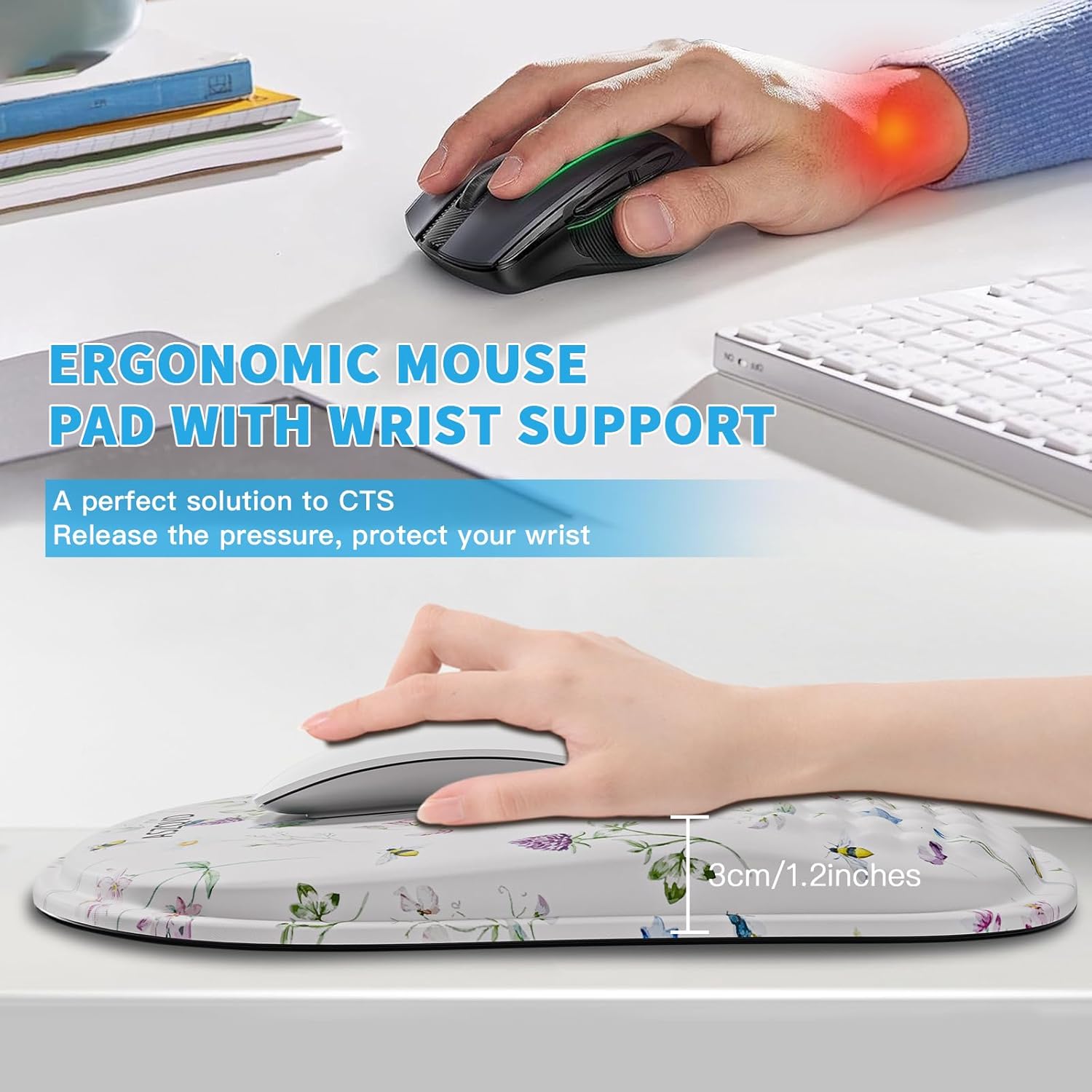 Mouse Pad with Wrist Rest, Ergonomic Mousepads with Wrist Support, Soft Lycra Fabric Memory Foam Office Desk Accessories for Comfort/Pain Relief/PC Gaming/Computer/Laptop (White Wild Plant) - Image 2