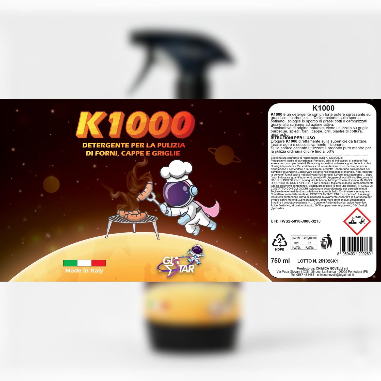 Detergente Pulizia Forno K1000 | Sgrassatore per Grasso Cotto e Incrostazioni | Griglia Barbecue, Grill e Cappe | Spray Uso Puro o Diluito | 750 ml Made in Italy