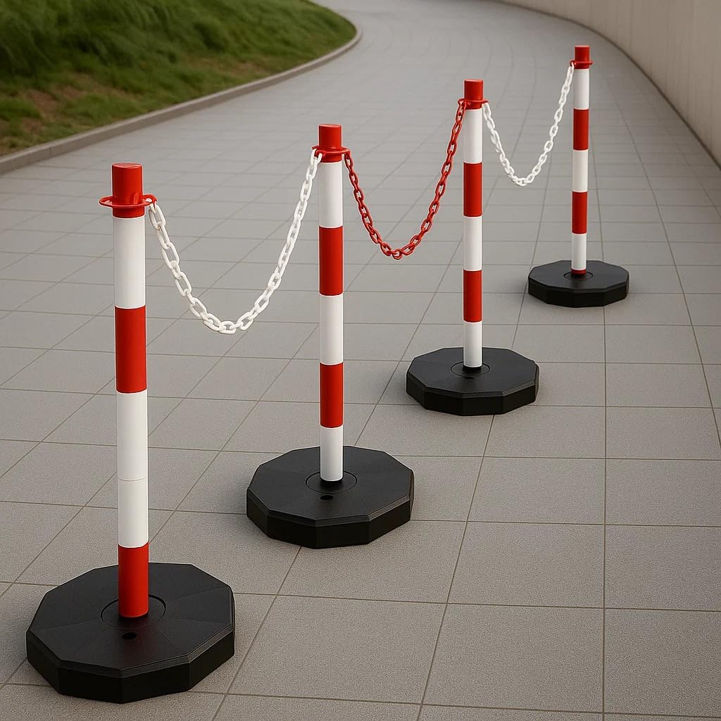 Red & White Plastic Chain Post Set (4 Posts, 32ft Chain) - Fillable Safety Barrier for Crowd Traffic Control, Car Parks and Demaraction