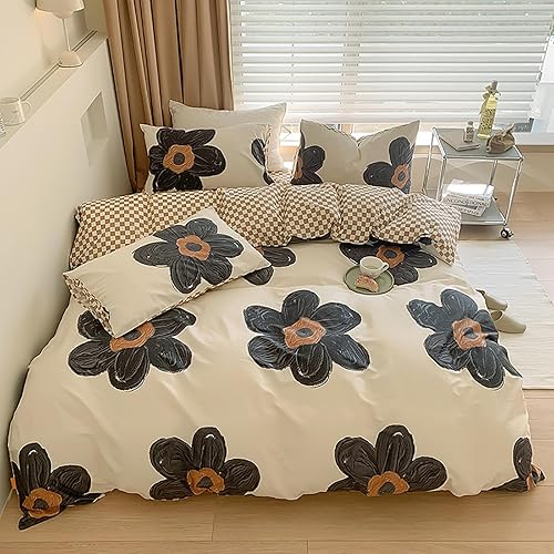 Luxlovery Juego de edredón floral de color negro, tamaño matrimonial, juego de ropa de cama de flores blancas y negras, lindo y elegante, bohemio,