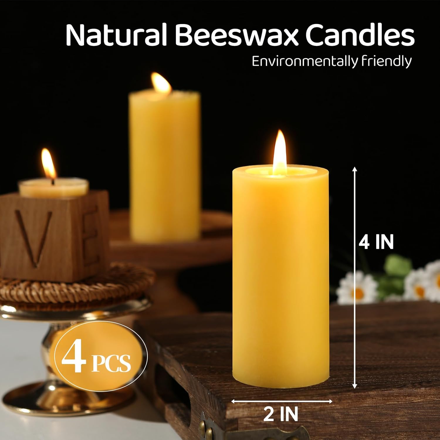 Natural Beeswax Pillar Candles,140 Hours Long Burning Pure Beeswax Candles Bulk,Unscented Bees Wax Candle for Home,Prayer,Dripless Smokeless Organic 100% Pillar Candles 2x4in-4pack - Image 2