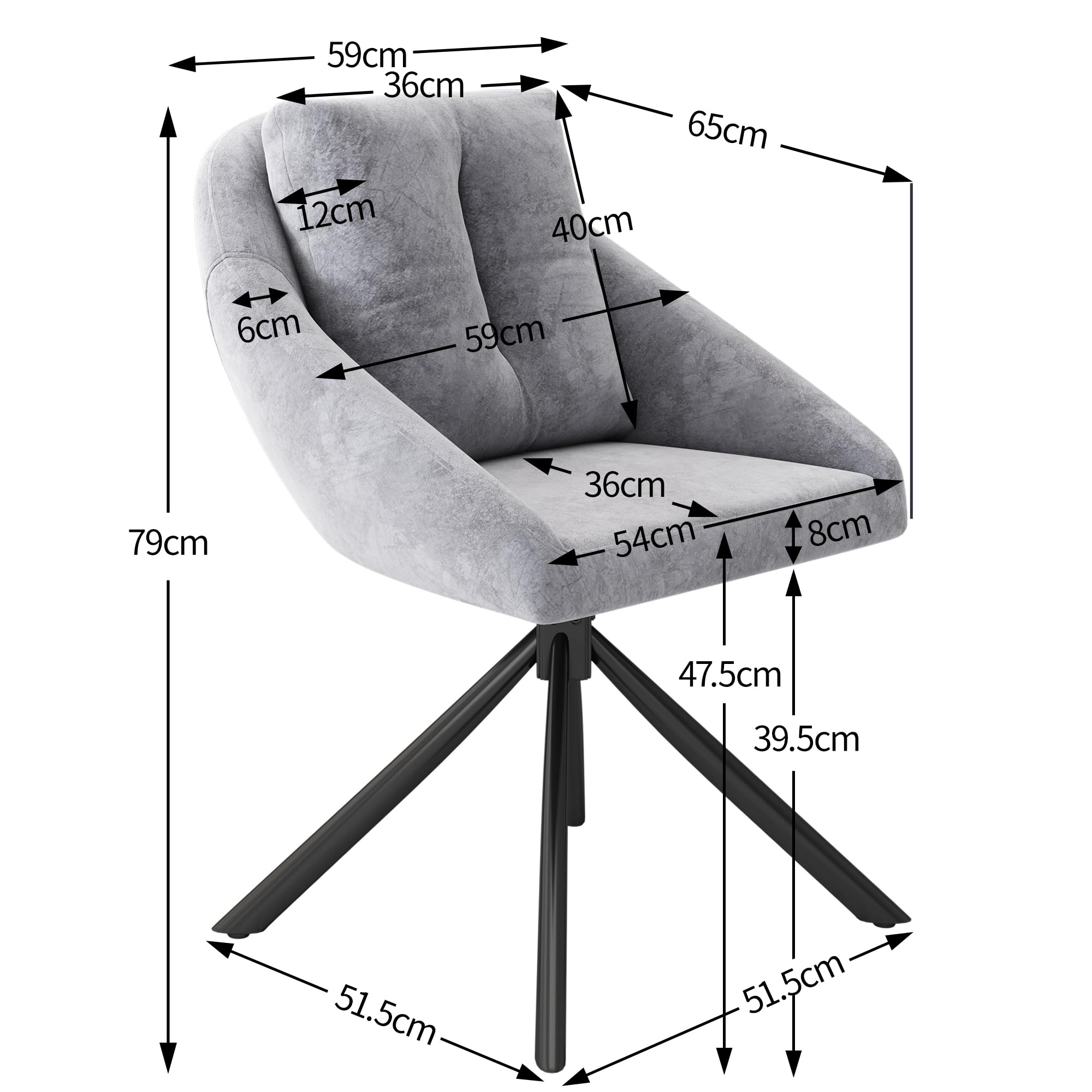 Zestaw krzeseł do jadalni, obrotowe, ergonomiczne, aksamitne, do salonu, sypialni, kuchni, biura, do biura, do 150 kg, 2 sztuki, szary