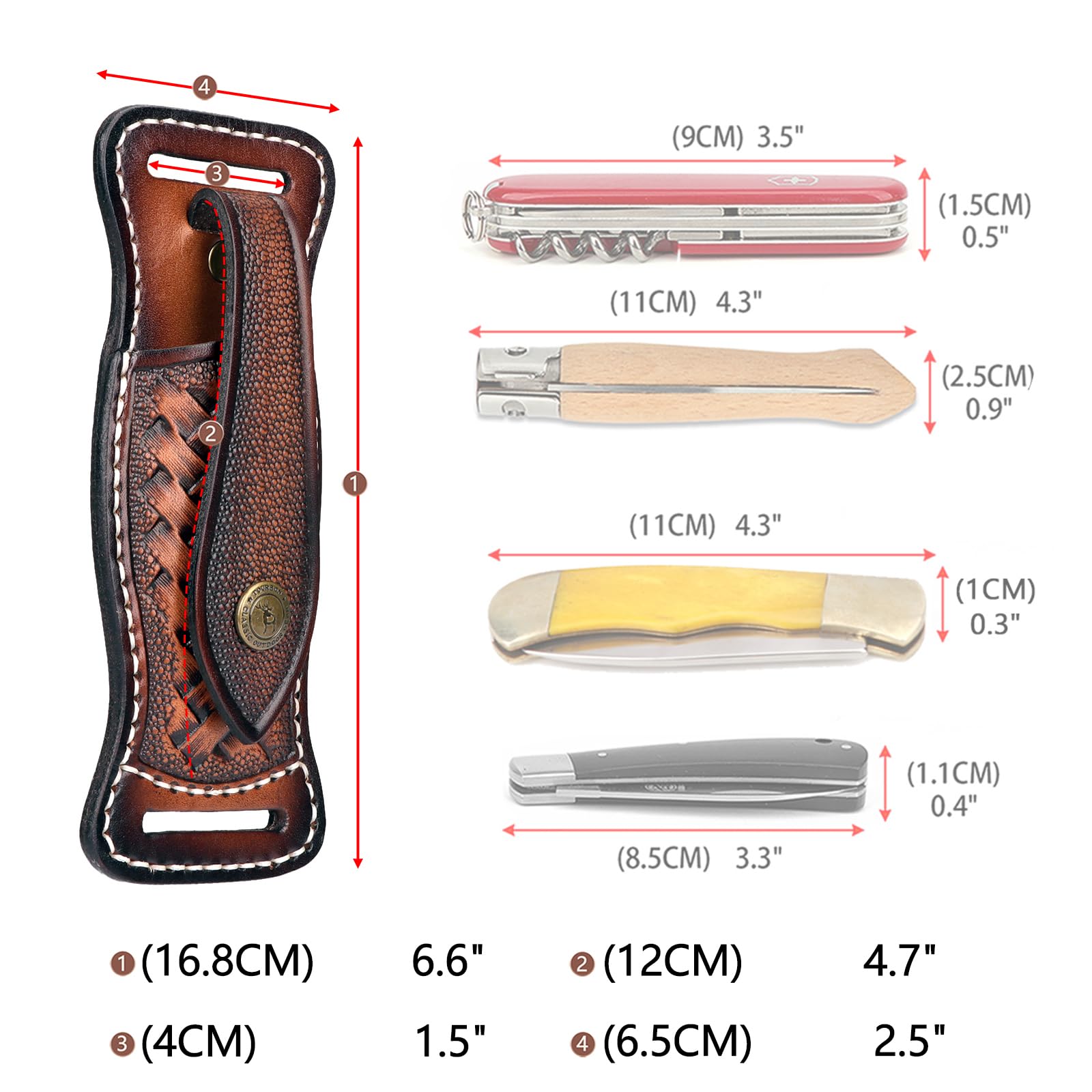 TOURBON Fodero per coltello in pelle di mucca per cintura 4" Custodia per coltello pieghevole EDC Fondina per coltello con chiusura a scatto