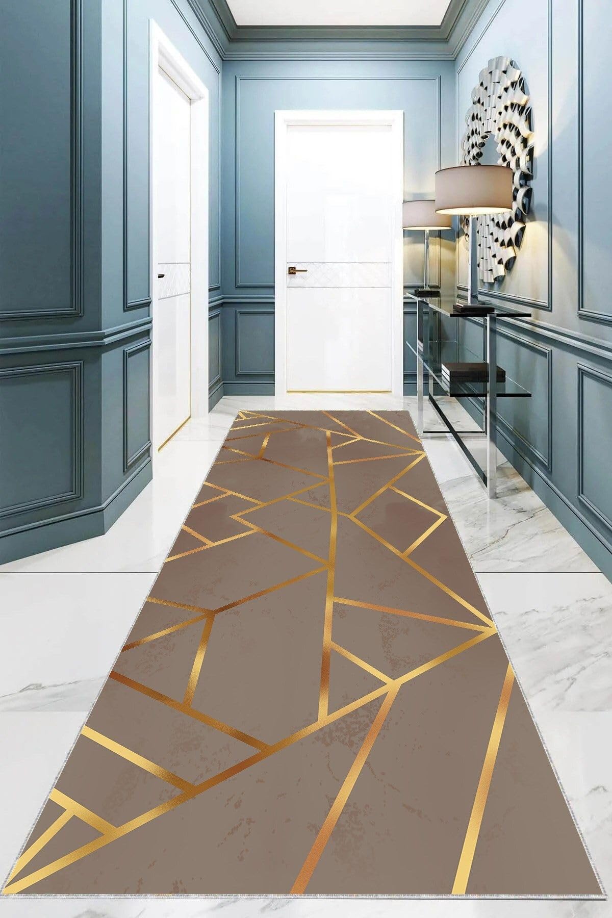 Pelangi Gold Çizgili Geometrik Desenli Dijital Baskı Yıkanabilir Modern Salon Halı ve Yolluk (Vizon), Gold-Siyah 100 x 350, 955412311003507