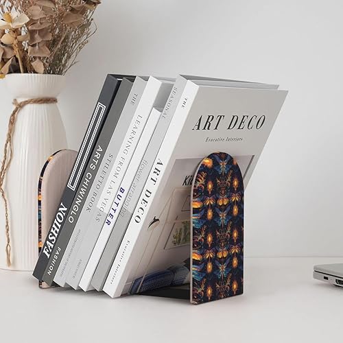 Miniatura 6 de Book Ends for Shelves 1 Pair - Boho Style Dragonfly Print Wood with Metal Base Bookends for Heavy Books, Book Stand Organizer Holder for Books
