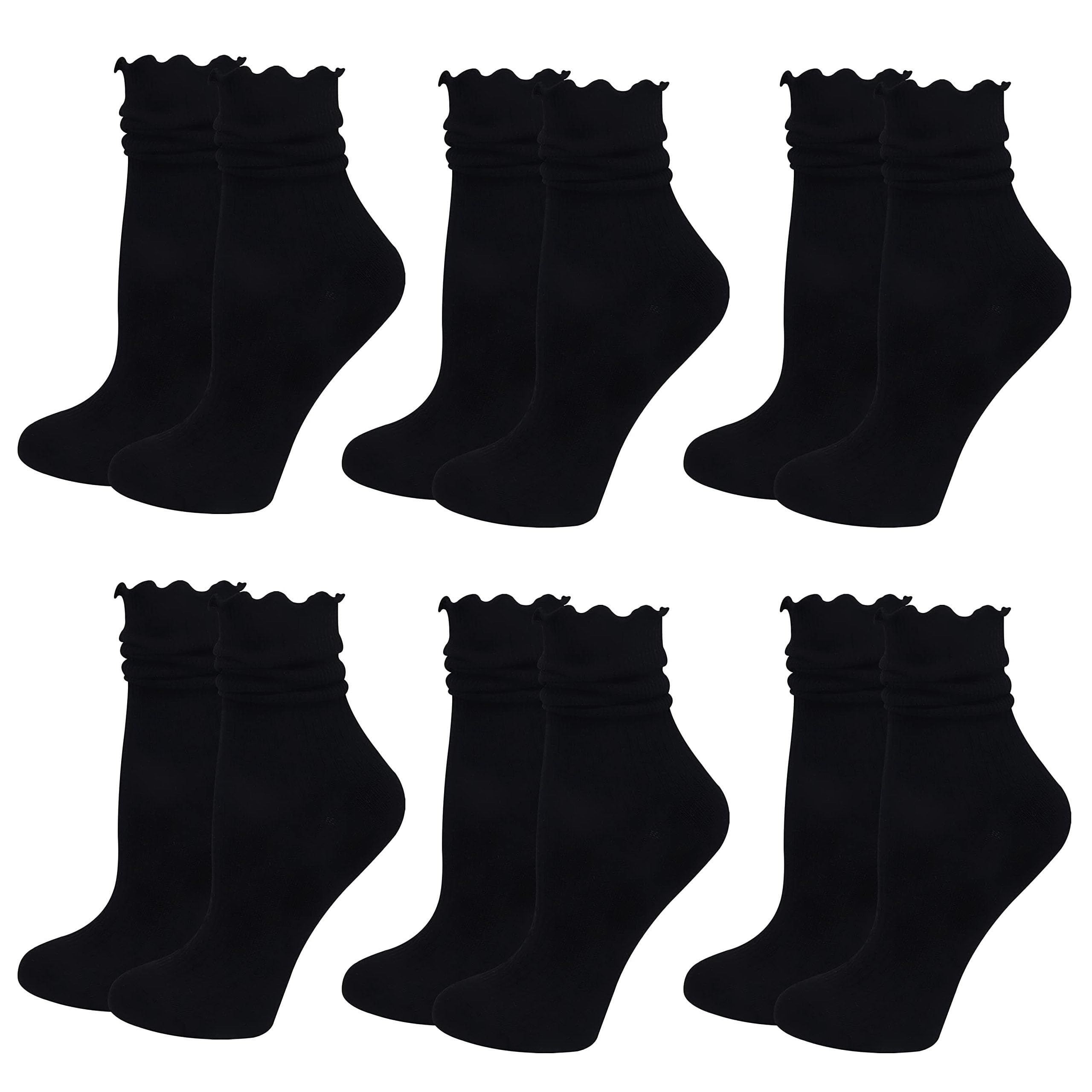 BABAHU Ruffle Socks for Women, Casual Cute Cotton Crew Socks, Frilly Novelty Knit Socks 6 Pairs