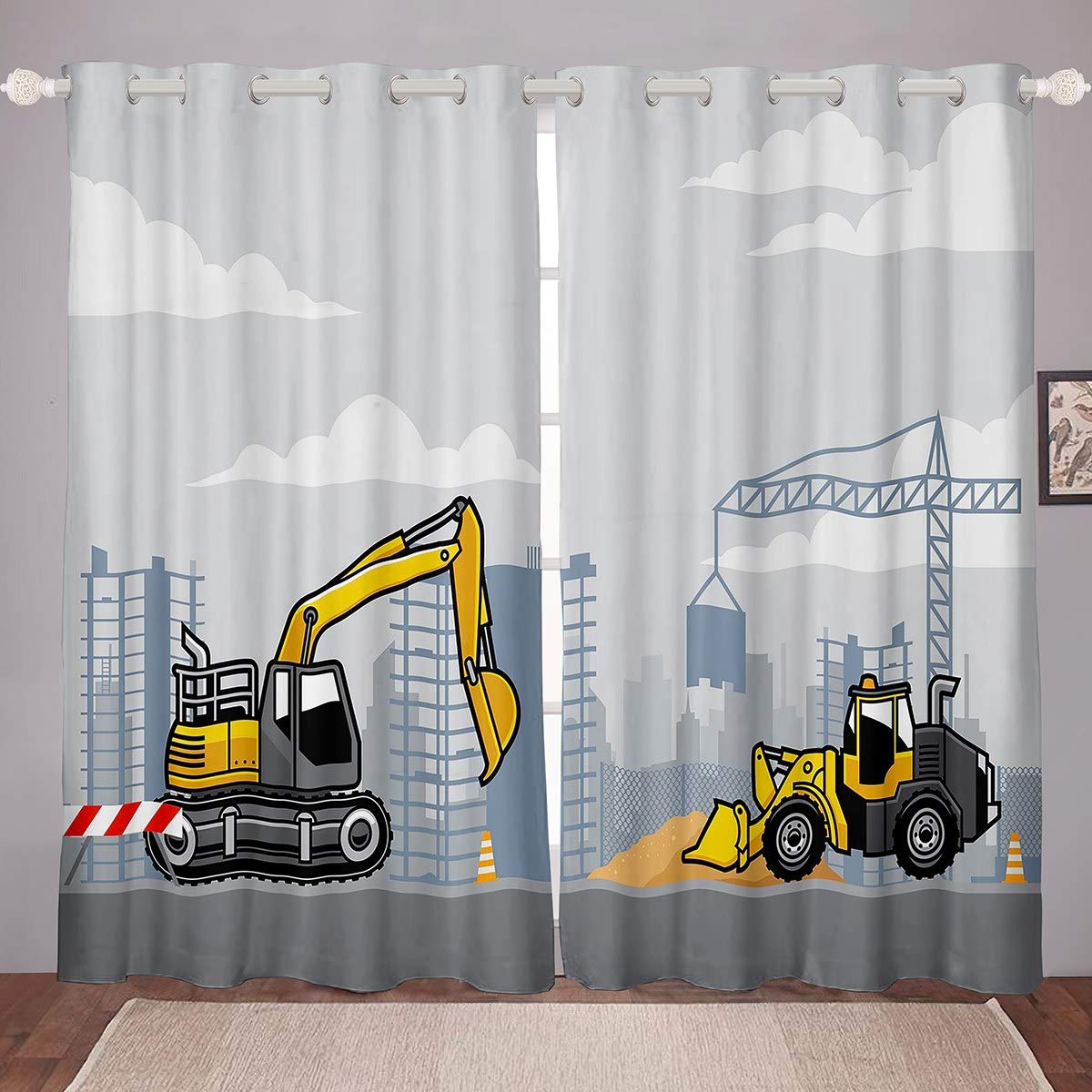 Kids Construction Curtains Child Boys Girls Cartoon Excavator Bulldozer Curtain Construction Vehicle Window Curtains for Bedroom Luxury Drapes 2 Panel Set W66*L72