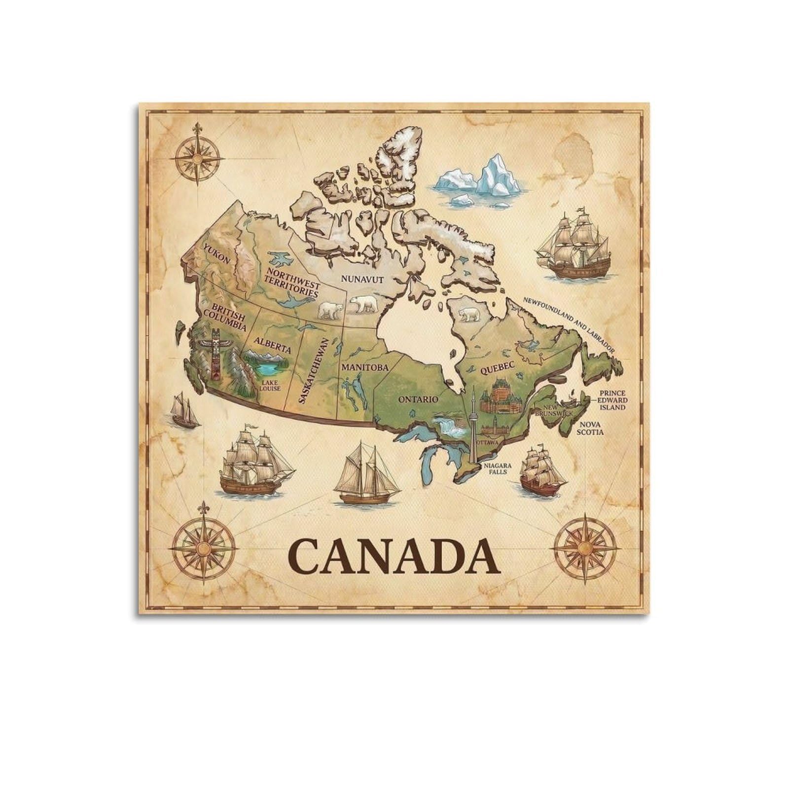 OKAHYS Vintage Canada Travel Map Poster Decorative Painting Canvas Wall Artworks Picture 28x28inch(70x70cm)