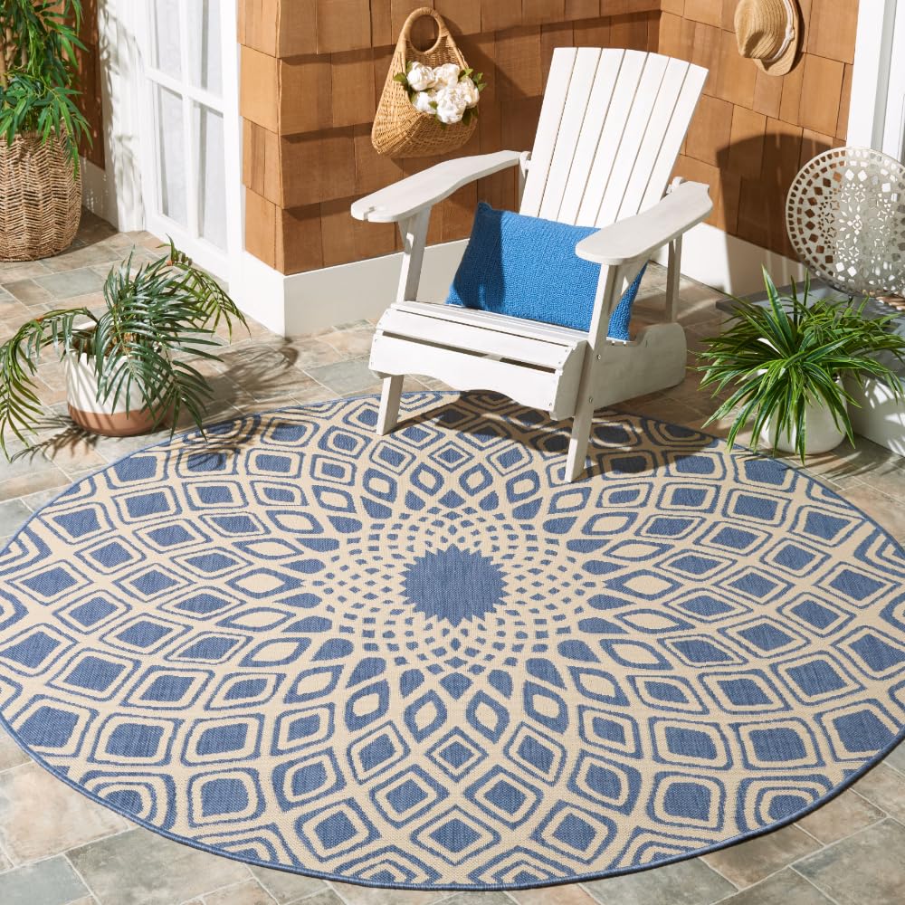 SAFAVIEH Washable Rug Outdoor Courtyard Collection - 6'7" Round, Blue & Beige, Non-Shedding & Easy Cleaning, Ideal for Patio, Backyard, Mudroom (
