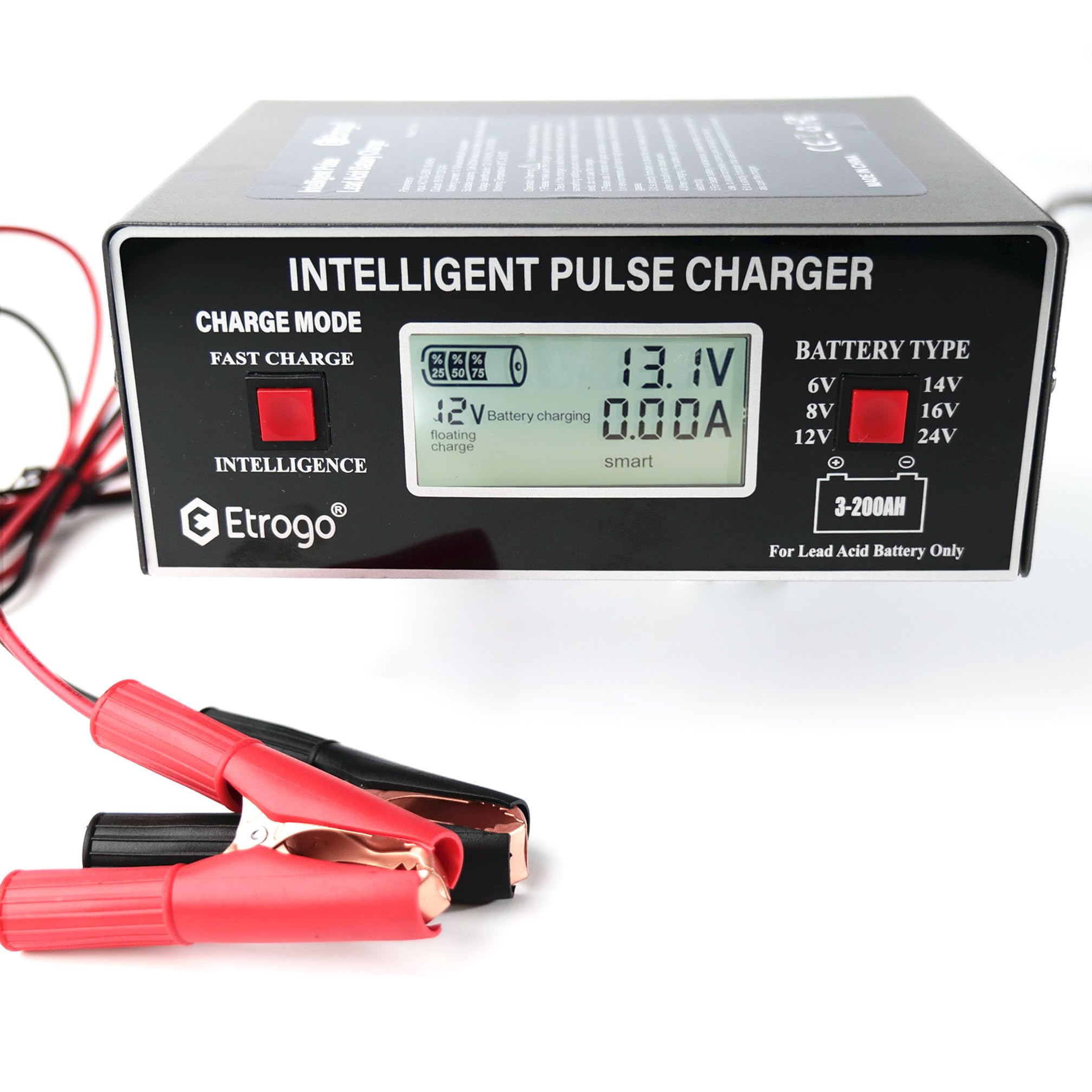 Etrogo Ładowarka do akumulatora samochodowego, inteligentna ładowarka pulsacyjna 6 V/8 V/12 V/14 V/16 V/24 V 250 W 10 A z automatycznym wykrywaniem, naprawą, funkcją konserwacji
