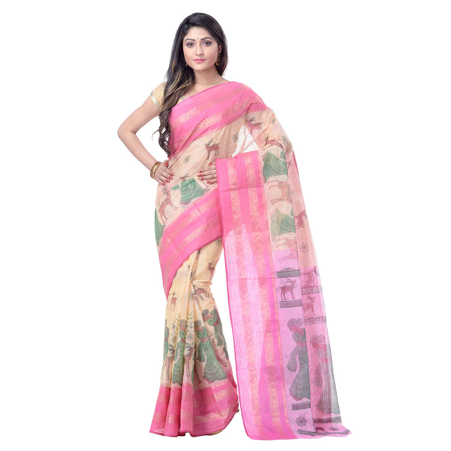 dB DESH BIDESHWomen's Shakuntala Design Printed Tant Handloom Pure Cotton Saree Without Blouse Piece