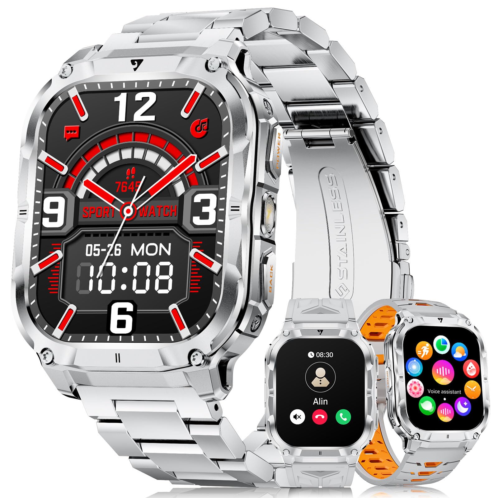 FitVigor Smartwatch Herren Militär-1000mAh/2'' HD Große Display/LED-Licht,3 Armbändern/Fitnessuhrmit Taschenlampe/120+ Sportmodi,Fitnessuhr mit Herzfrequenz/Schlafmonitor,für Android iOS, Silbernes