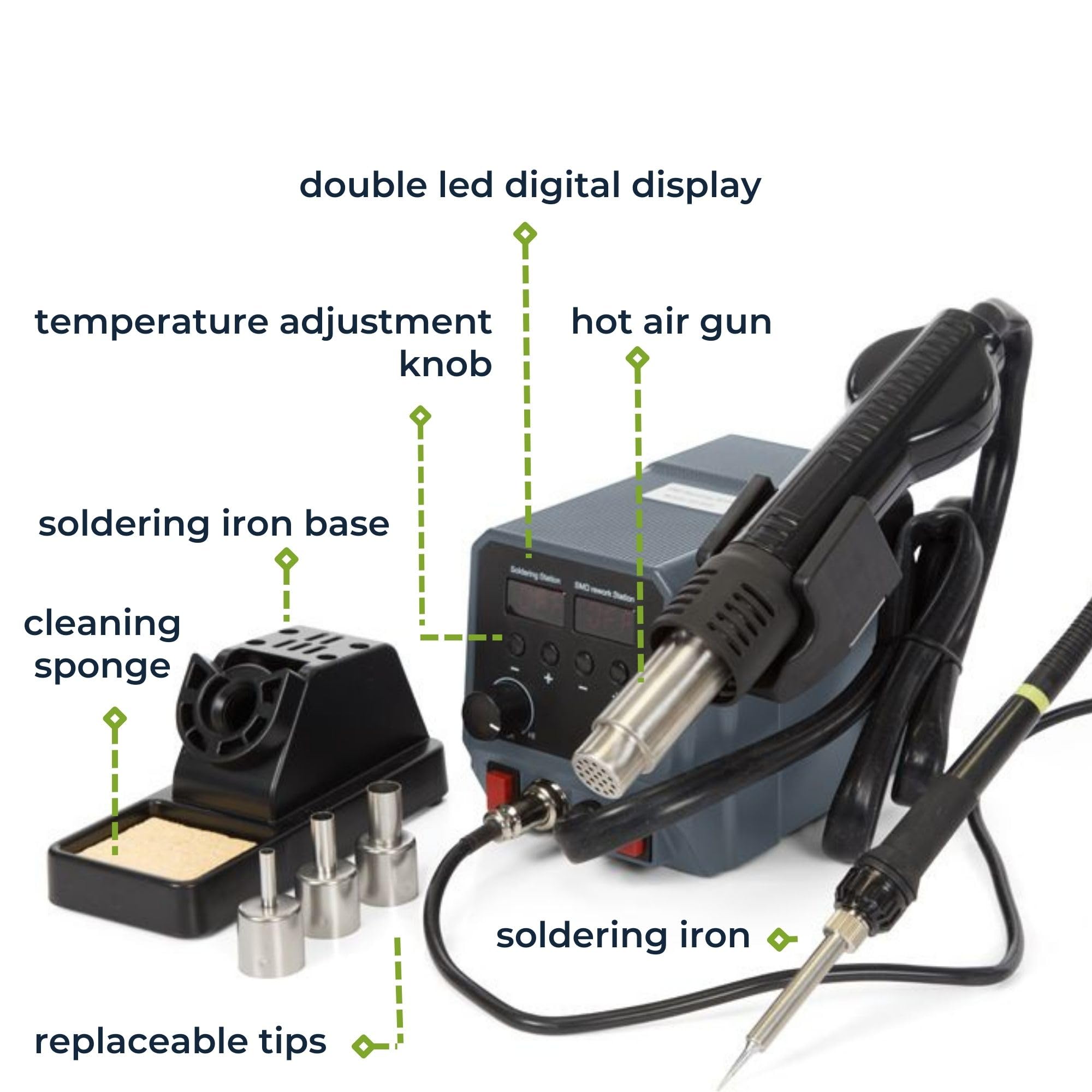 Velleman Stazione di saldatura 2-in-1 multifunzione con saldatore da 60W e pistola ad aria calda da 300W, controllo temperatura a microprocessore, ideale per SMD, PCB ed elettronica