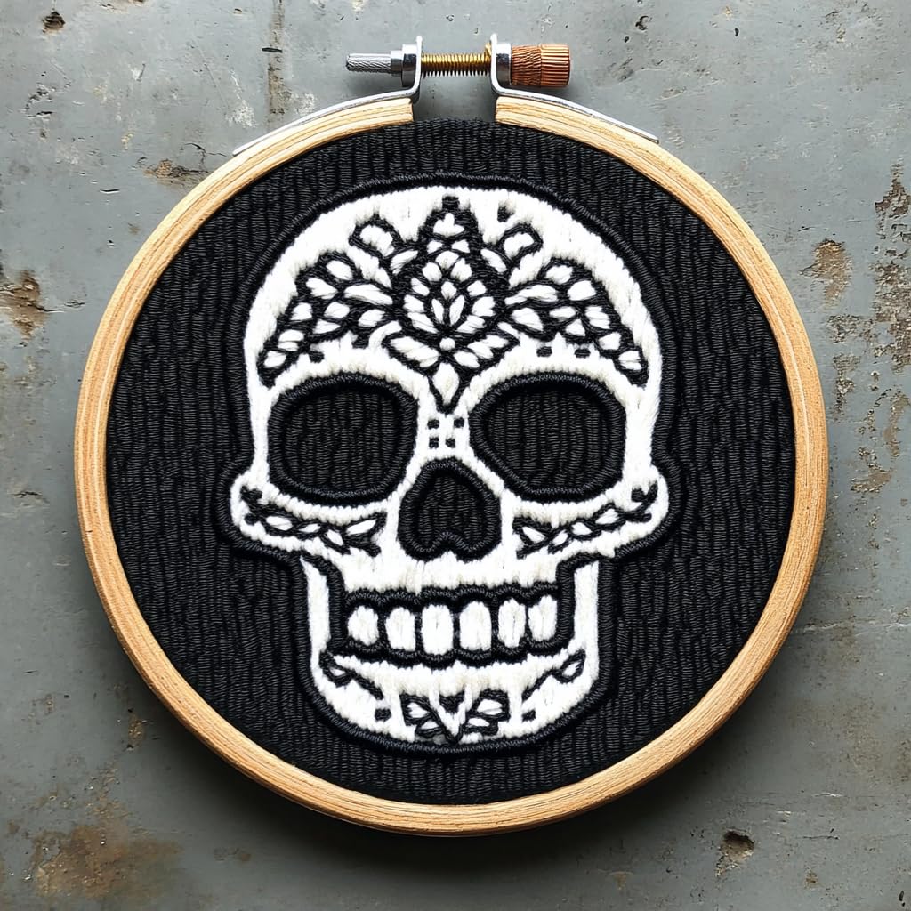 DIY Punch Needle Kits Black and White Skull Head Easy for Beginners Punch Needle Embroidery Set with Hoop Stamped Pattern for Craft Lovers and Home Decor
