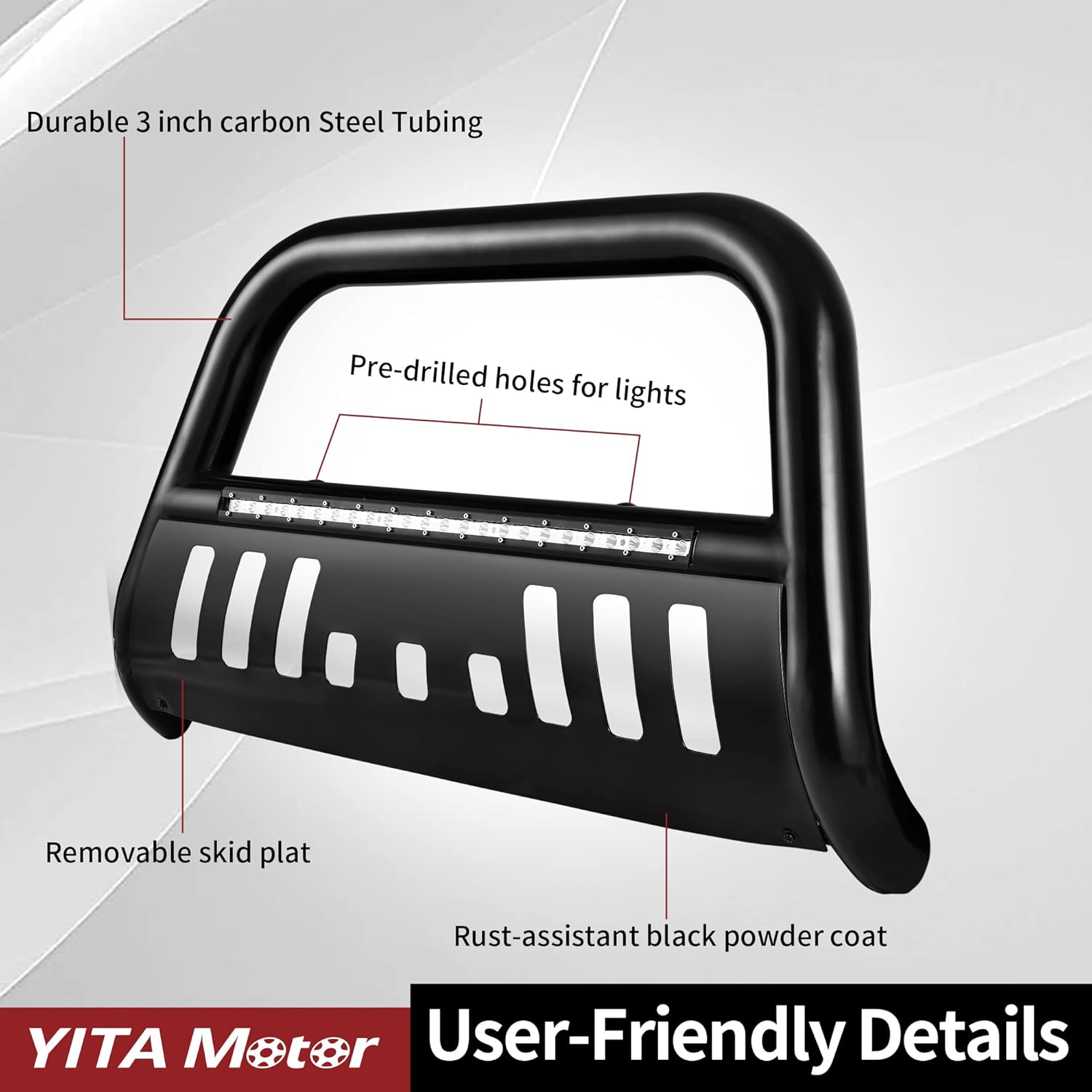 YITAMOTOR Bull Bar Compatible with 2016-2023 Toyota Tacoma (Excludes TRD Models) w/LED Light, 3" Tubing Brush Guard Pickup Truck Front Bumper Push Bar w/Grille Skid Plate & Light Mount