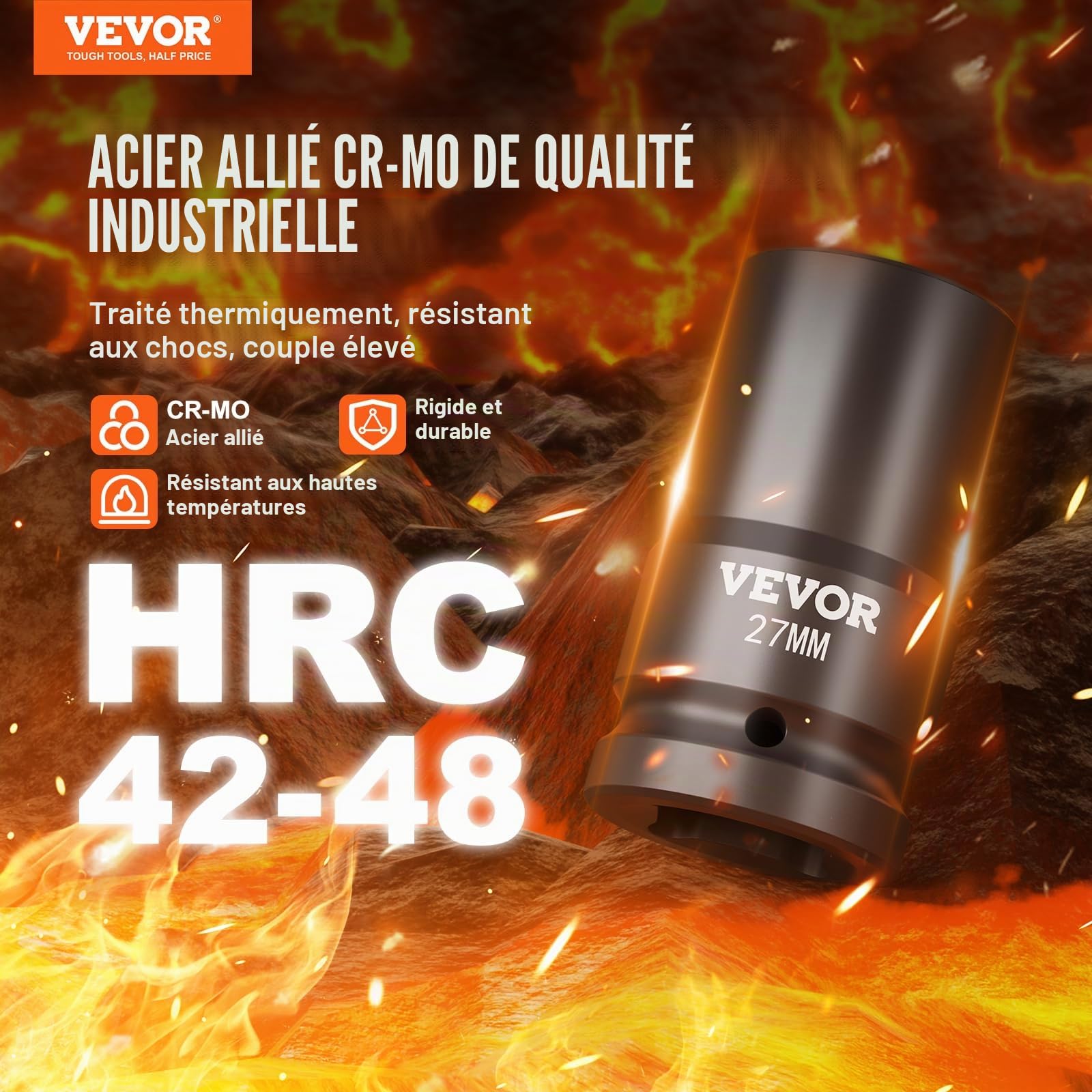 VEVOR Coffret Douilles à Chocs Profondes 1 po Métrique 27-41 mm, Kit pour Clé à Cliquet 8PCs, en Acier Allié Cr-Mo, 6 Pans, Marquages de Taille Faciles à Lire, pour la Réparation Automobile, Atelier