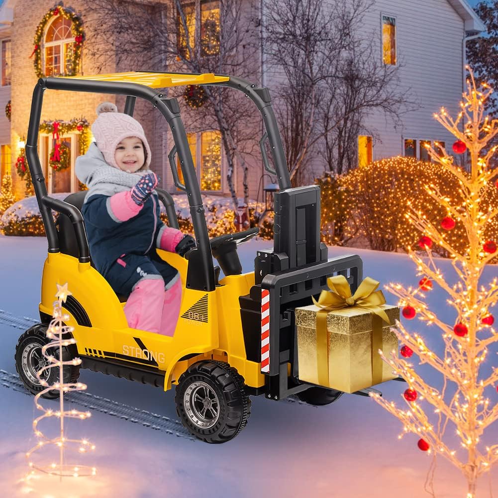 Ride on Forklift Car with Tent, 12V Electric Ride On Construction Car with Remote Control, Liftable Fork and Pallet, 2 Speeds, Music, USB, MP3 and Low-Power Alarm, Kids Forklift Car, Yellow