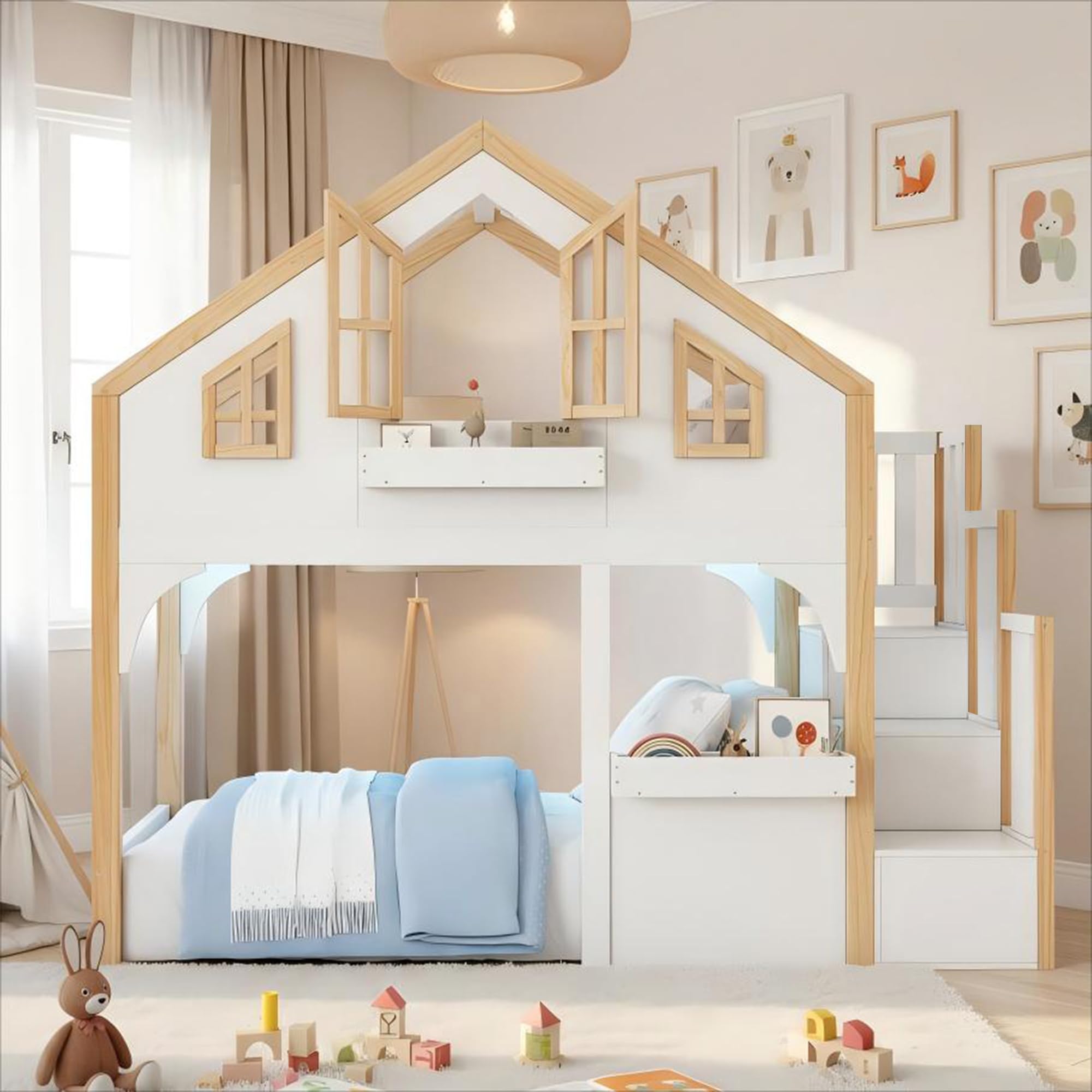 Haus-Etagenbett Kinderbett 90x200 cm mit LE/D Funktionen, Innovativer Stauraumtreppe, Fantasievollem Fenster-Design, Holz + MDF, Geeignet für 2 Kinder, Weiß + Natur