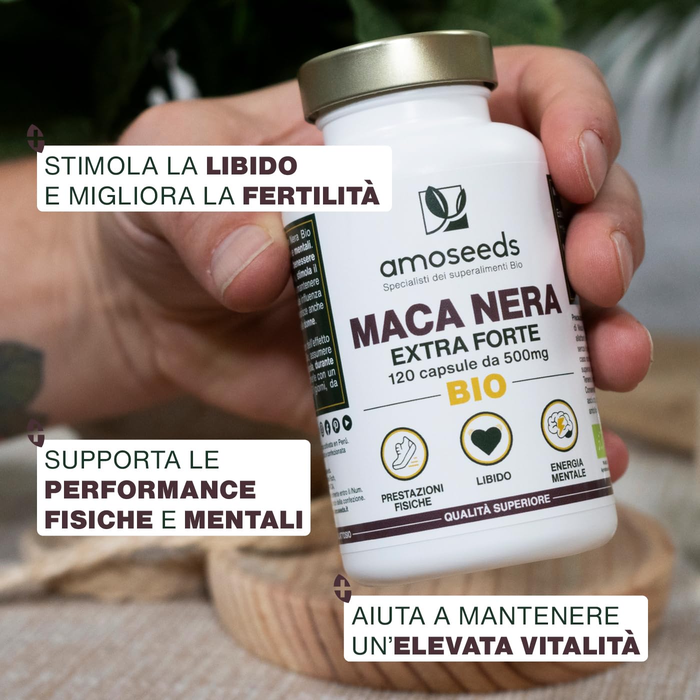 Maca Peruviana Nera BIO, 10 000mg al giorno | Estratto di radice di Qualità superiore | Equilibrio Ormonale, Energia, Benessere, | 120 Maca Capsule Vegane