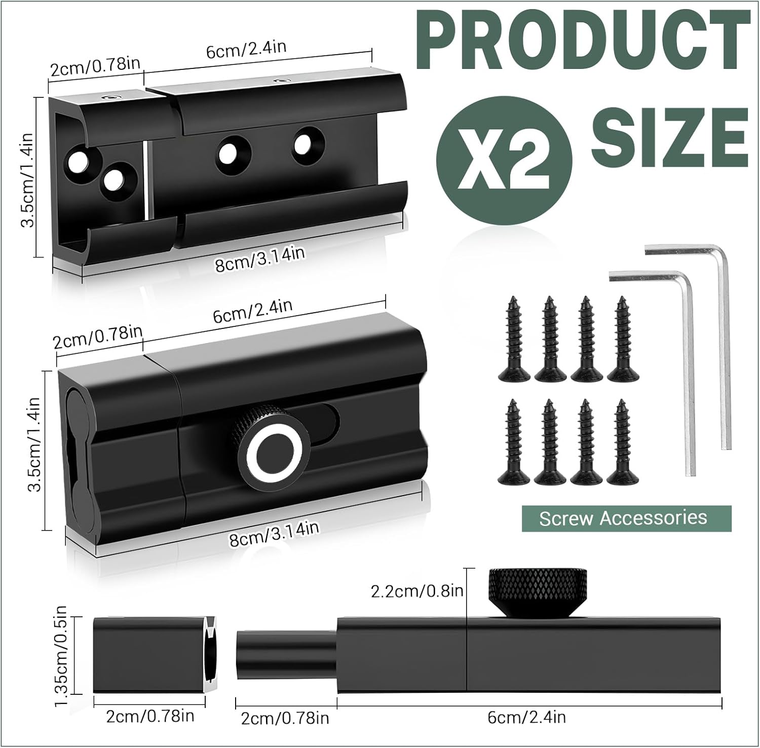 2PCS Aluminum Alloy Latch Lock, Black Slide Bolt Gate Latch, Inside Door Lock, Bedroom Lock, Door Latches for Top of Door, Door Security Devices (3.1''*1.4'')