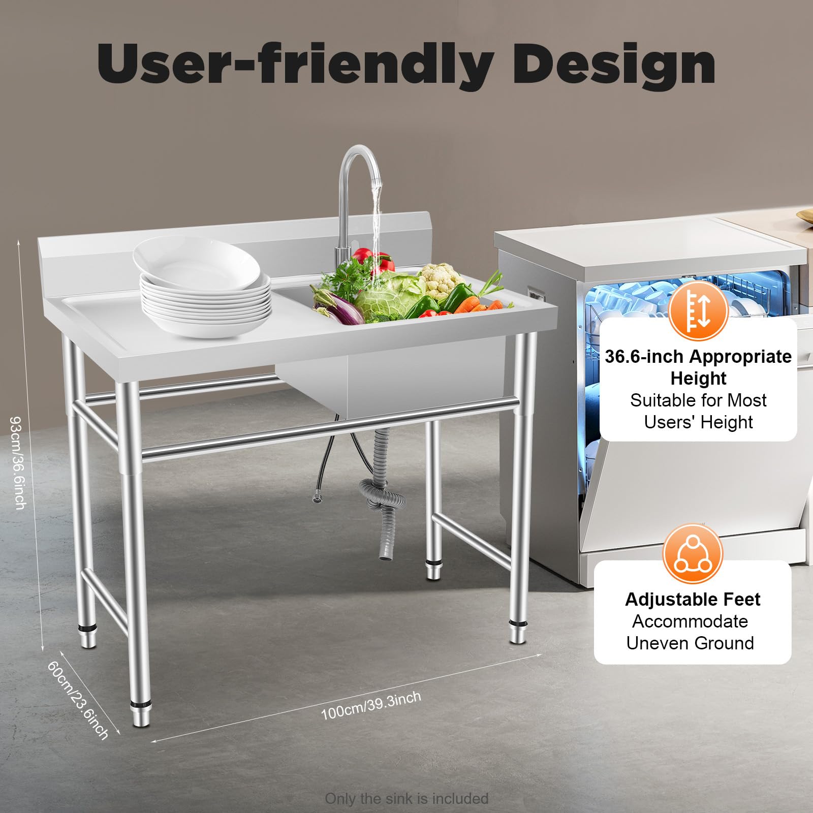 Fregadero de acero inoxidable con mesa de trabajo y grifo mezclador, 1 lavabo profesional, comercial, independiente, 100 x 60 x 93 cm, lavabo multifunción derecho Deluxe para cocina, lavandería garaje