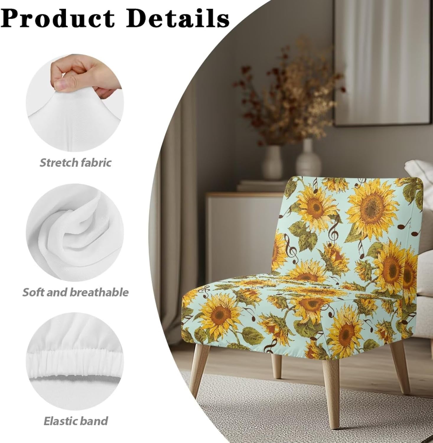 Merkmak Washable Armless Slipper Chair Covers with Elastic Band Armless Accent Chair Cover Autumn Sunflower Green Leaves Single Sofa Protective Slipcover for Farmhouse Decoration