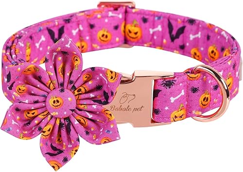 Miniatura 1 de Haloween - Collar para perro con corbata de flores, collares de perro de calabaza malvada morada para perros grandes, collar ajustable de algodón