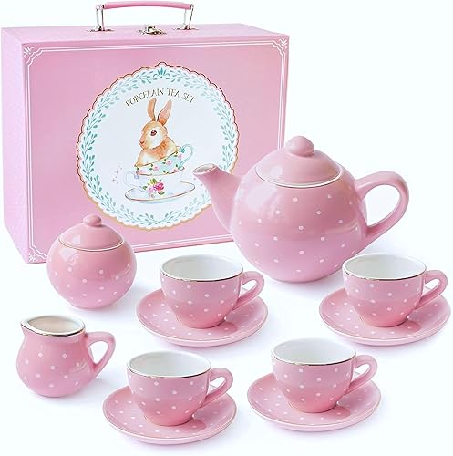Miniatura 8 de Jewelkeeper Juego de té de porcelana para niñas pequeñas con cesta de picnic rosa, 13 piezas, mini juegos de té para niñas de 2 a 4 años, tazas