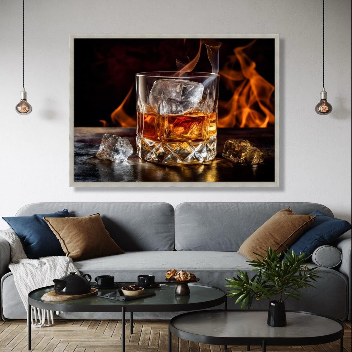 YUSUZHU Lienzo de vaso de whisky con cubitos de hielo, fondo, arte de pared rústico para bar, decoración de bebidas alcohólicas, pósteres de bar, pintura impresa (50 x 75 cm/marco interior)