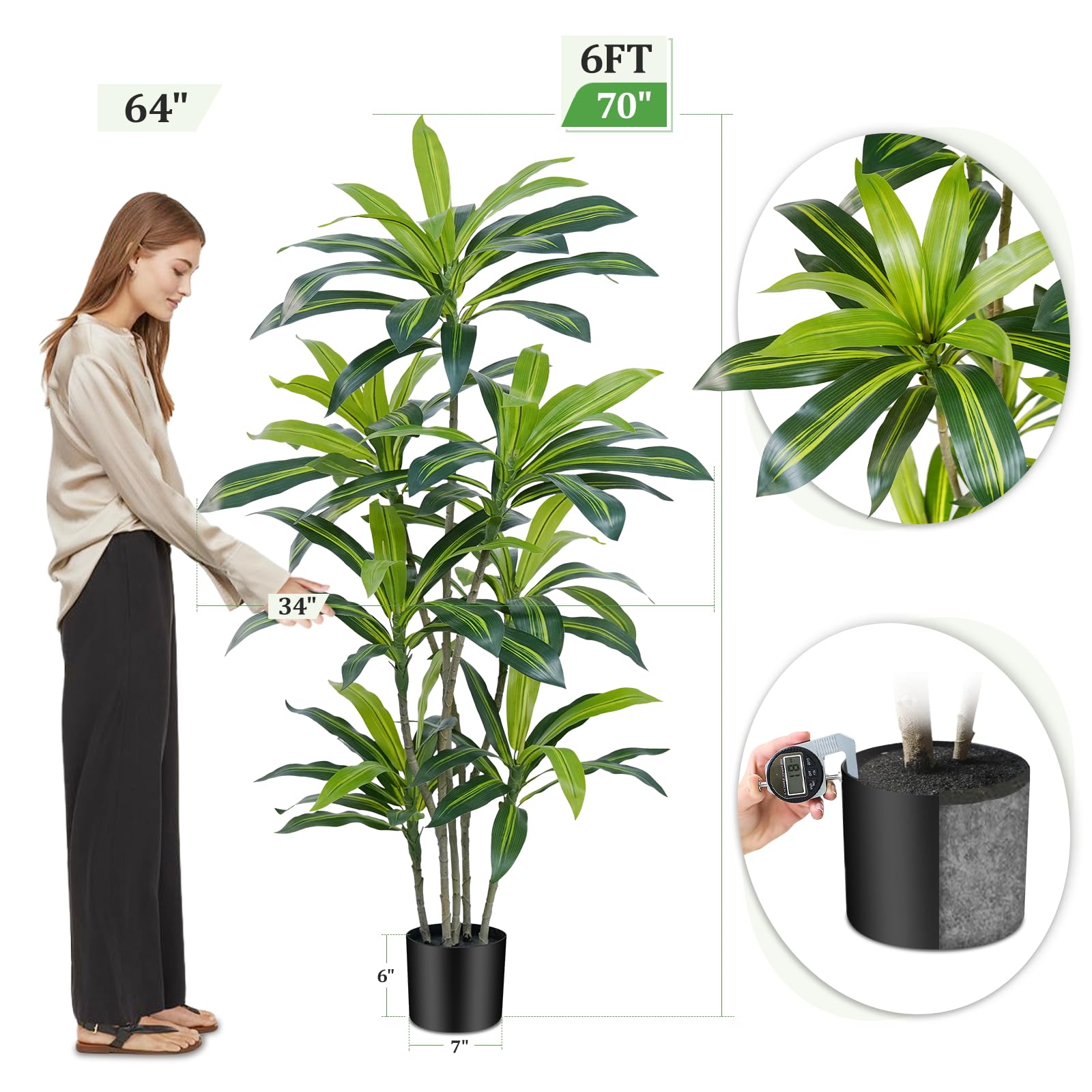 Albero artificiale 180cm Artificiale Dracaena Pianta Finta Alta con Vaso Nero Piante Finte da Interno Per Interni esterno Soggiorno Camera da Letto Ufficio Casa Corridoio Decorazione (1Pz)