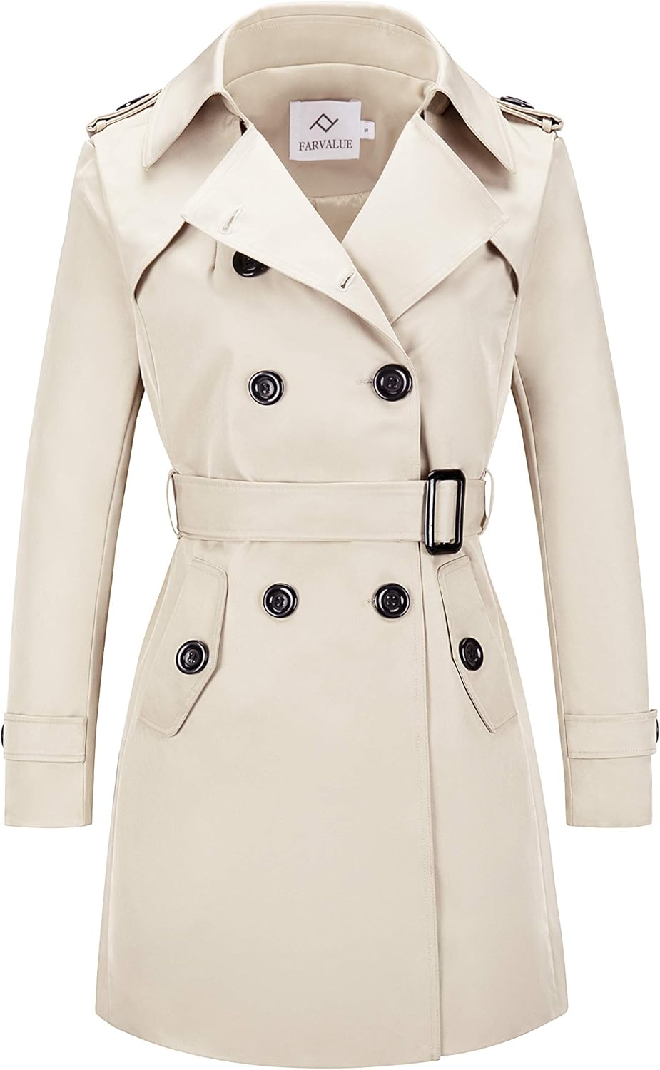 Women's Waterproof Trench Coat Double-Breasted Classic Lapel Petite Overcoat Belted Slim Outerwear Coat - Image 2