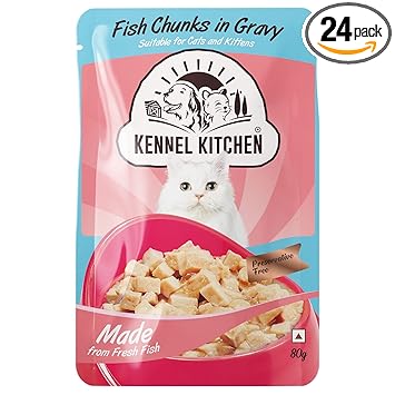 Kennel Kitchen Wet Cat Food for Adults and Kittens, Fish Chunks in Gravy, 24 Pouches (24 X 100 GMS)
