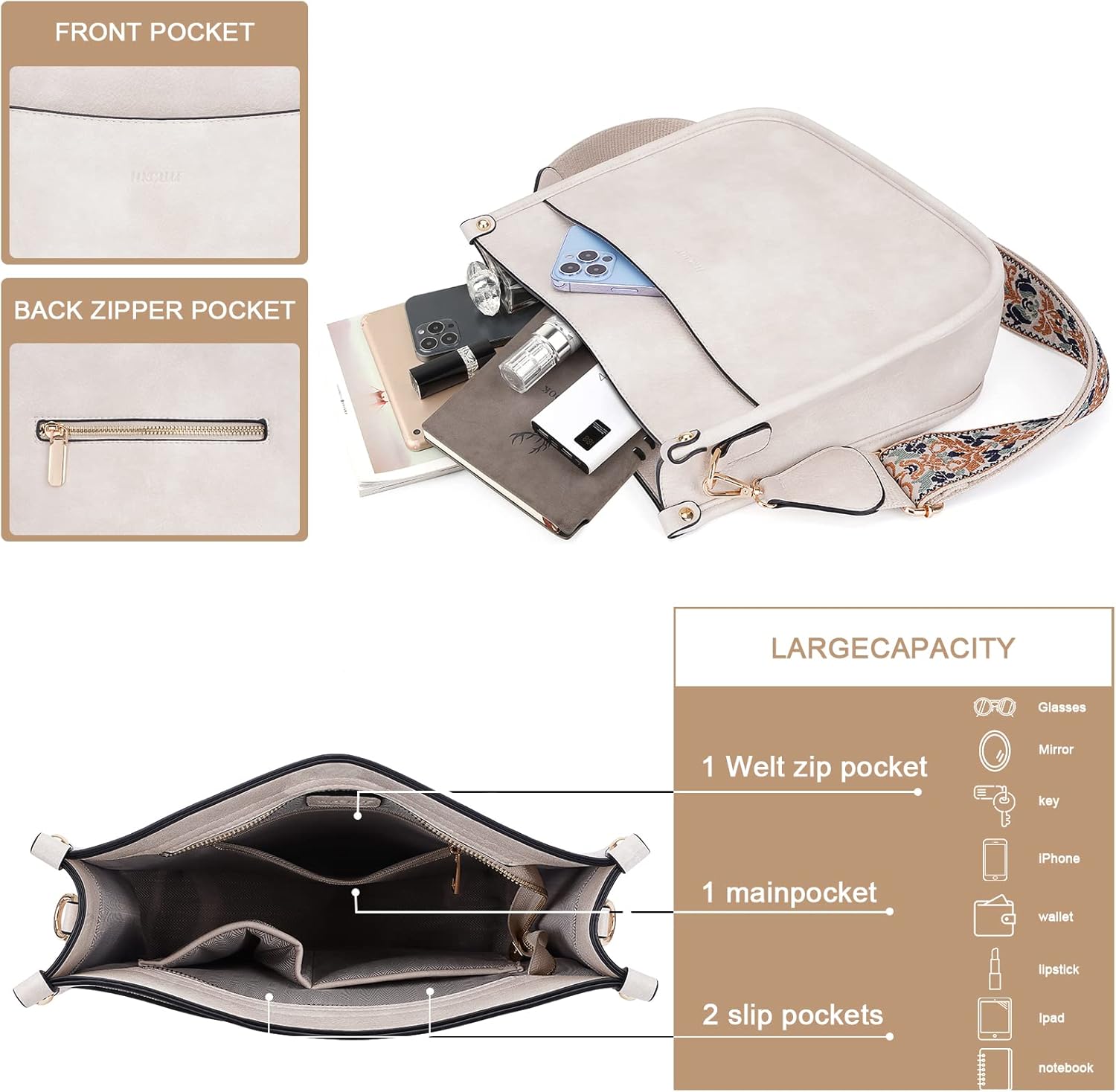 HKCLUF Crossbody Bags for Women Trendy Vegan Leather Hobo Handbags With 2PCS Adjustable Guitar Strap Shoulder Bucket Bags - Image 3