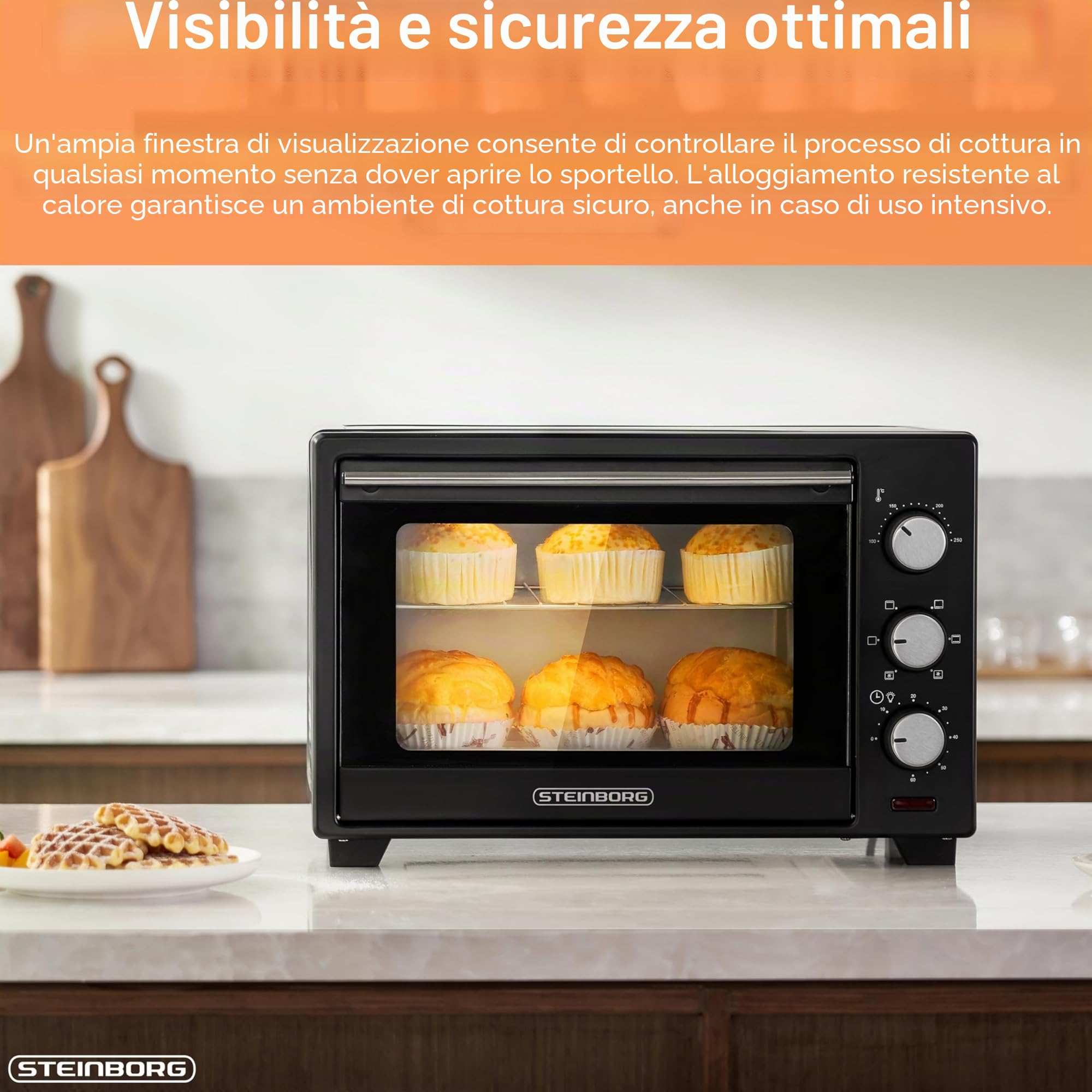 STEInBORG Mini Forno 25 Litri | 3 in 1 per Pizza | Teglia per Briciole | Calore Superiore/Inferiore | Convezione | 60 Minuti | 1.600 Watt