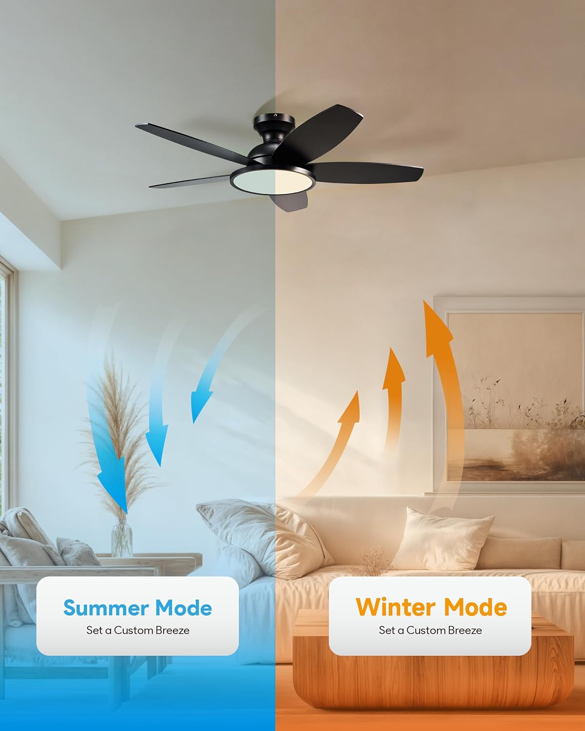 Diagram showing summer mode (downward airflow) and winter mode (upward airflow) for a ceiling fan