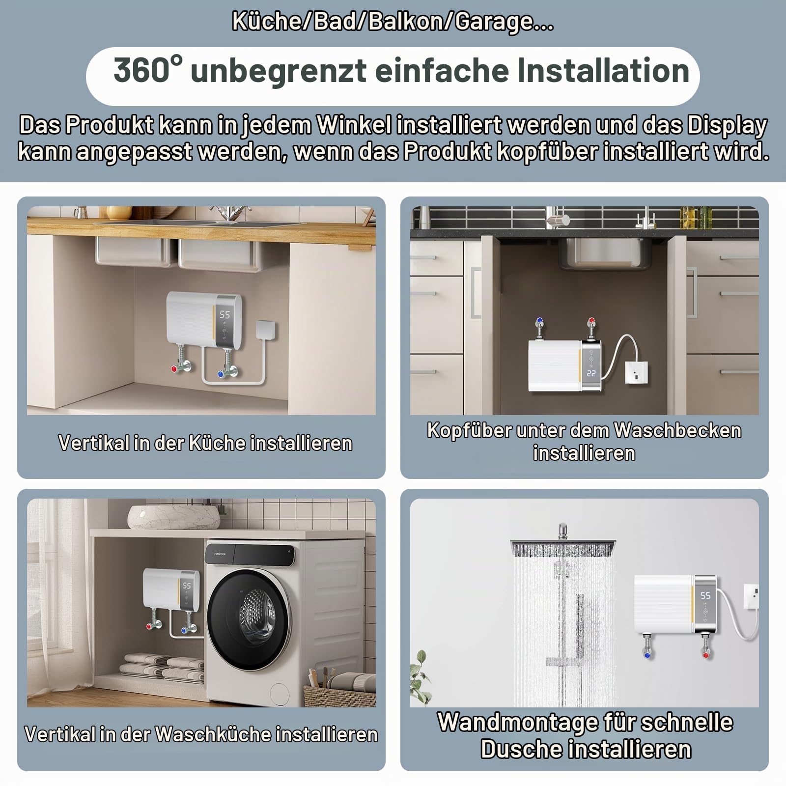 Elektronischer Durchlauferhitzer Küche 220V 5500W elektrische Warmwasserbereiter tankloser Mini-Warmwasserbereiter mit LED Temperaturanzeige, Elektrisch Instant Klein Durchlauferhitzer (White)