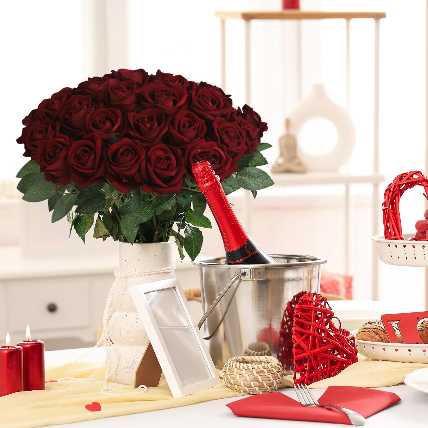 30pcs Fake Roses Artificial Silk Flowers Long Stems Bouquet for Wedding Bridal Shower Party Home Decoration (Wine Red) - Image 4