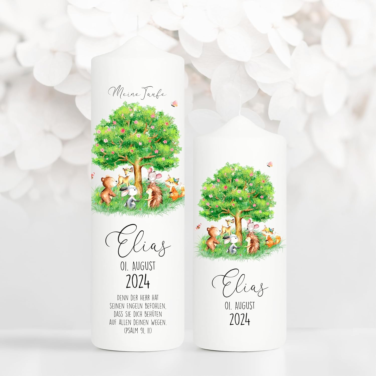Bougie Baptême personnalisée Fille Garçon motif Arbre et Animaux de la forêt – Cierge Baptême avec prénom, date et message – 1 cierge + 1 bougie parrain/marraine – Cadeau parrain marrain 25 x 7 cm