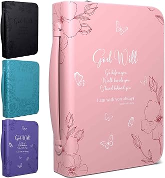 DEHITE Bible Cover Case for Women Bible Carrying Case for Woman Pink Large Holder Bag Fits Book 10.1x7x1.9 in Pen Slots Zippered Pocket Premium Faux Leather Christian Floral Accessories