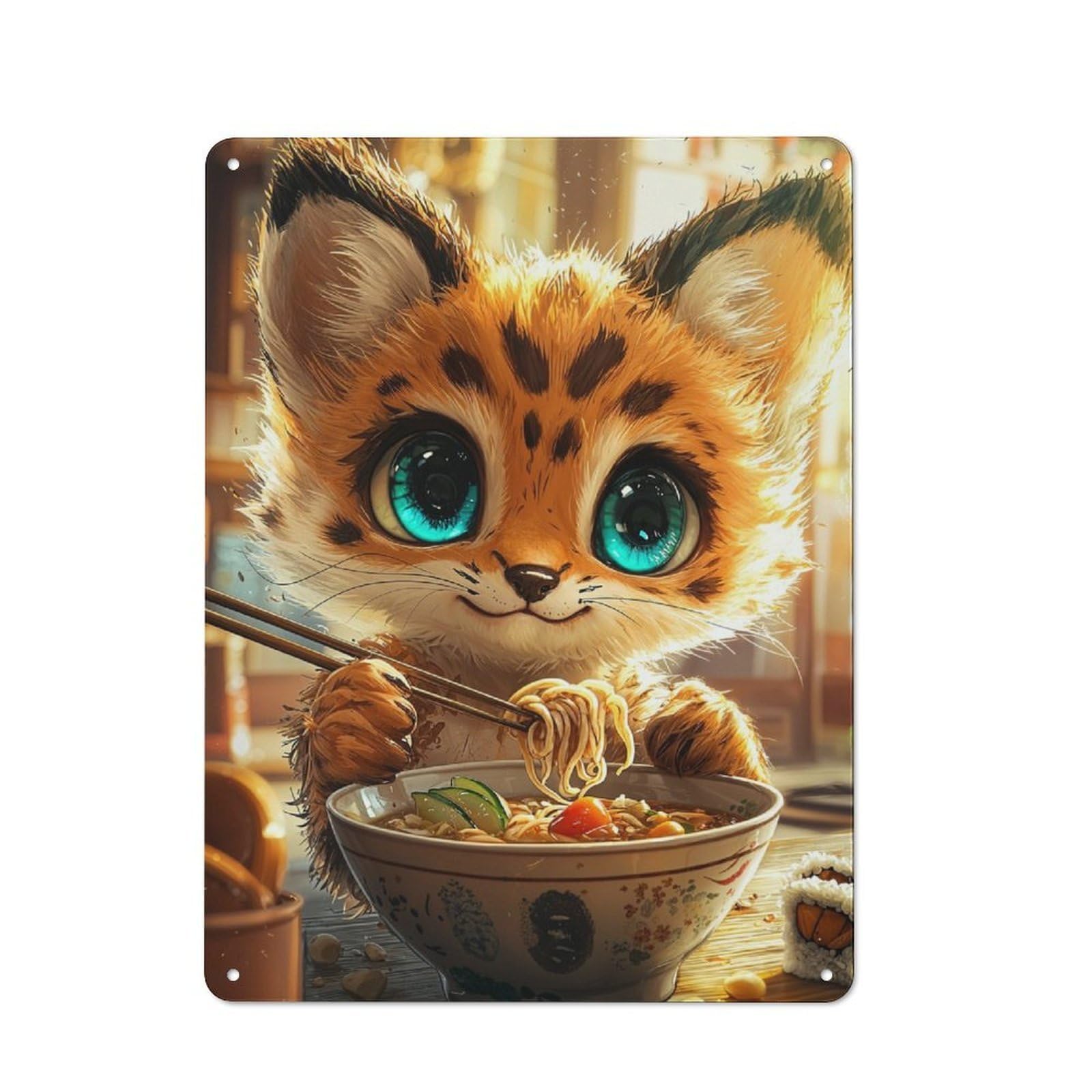 Junmoney Cute Cat Eating Ramen Retro Tin Wall Plaque 40X30cm Featuring For Garage Wall, New Home Wall Decor For People Furnishing A Garage
