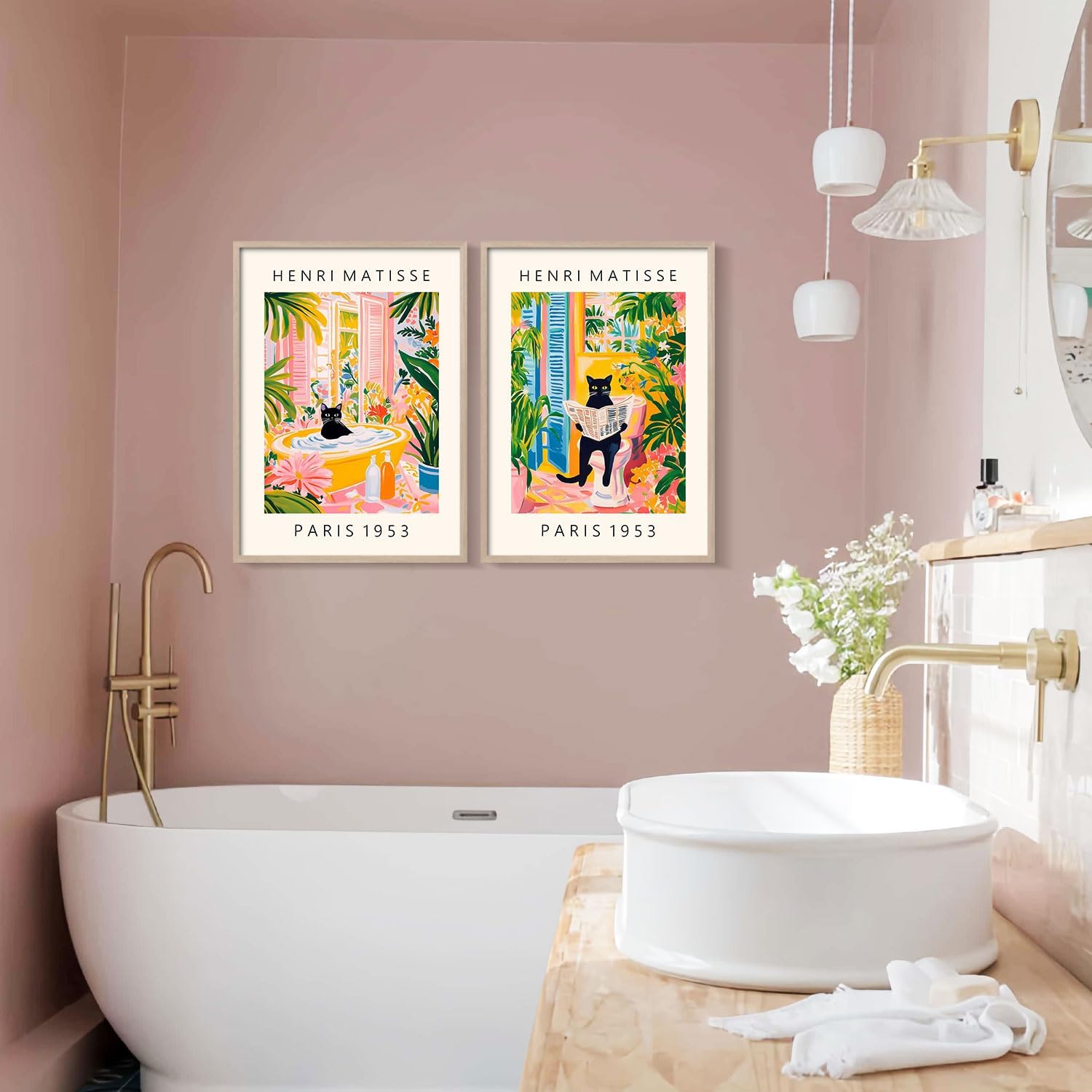 2Pcs Wood Framed Matisse Black Cat Wall Art Decor Painting Modern Art Canvas Print Vintage Color Poster Bathroom Bedroom Living Room Wall Decor Gallery Style Home Artwork 12X16 Inch