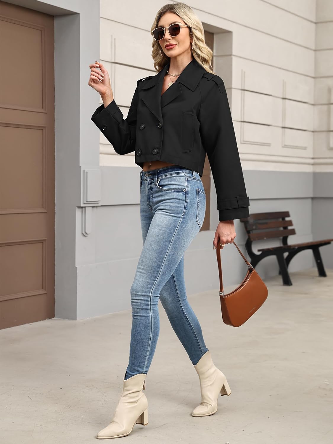 ELLEVEN Womens Cropped Trench Coat, Casual Double Breasted Short Jackets Long Sleeve Loose Fit Fall Coats Fashion Outwear - Image 6