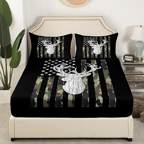 Miniatura 3 de Juego de ropa de cama con diseño de bandera estadounidense de ciervos y caza, camuflaje militar, juego de sábanas para niños, adolescentes y